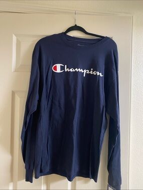 Champion Navy Long Sleeve Shirt with White Script and Red Accent